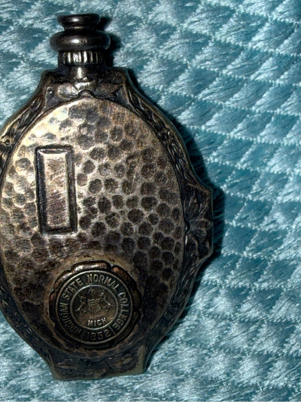 bottle miniature- Michigan State Normal College Emblem vintage silver tone